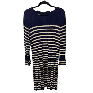 Talbots Stripe Sweater Dress Bell Sleeve Scoop Neck Bow Detail Midi Navy White L